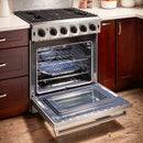 Stainless steel gas range with open oven door and visible wire baking racks
