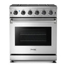 Stainless steel gas range with six control knobs and black oven door window
