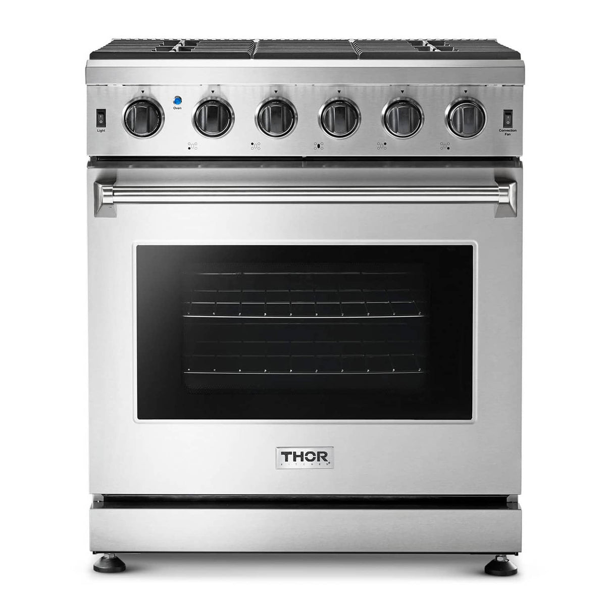 Stainless steel 30-inch propane gas range with front control knobs and oven door