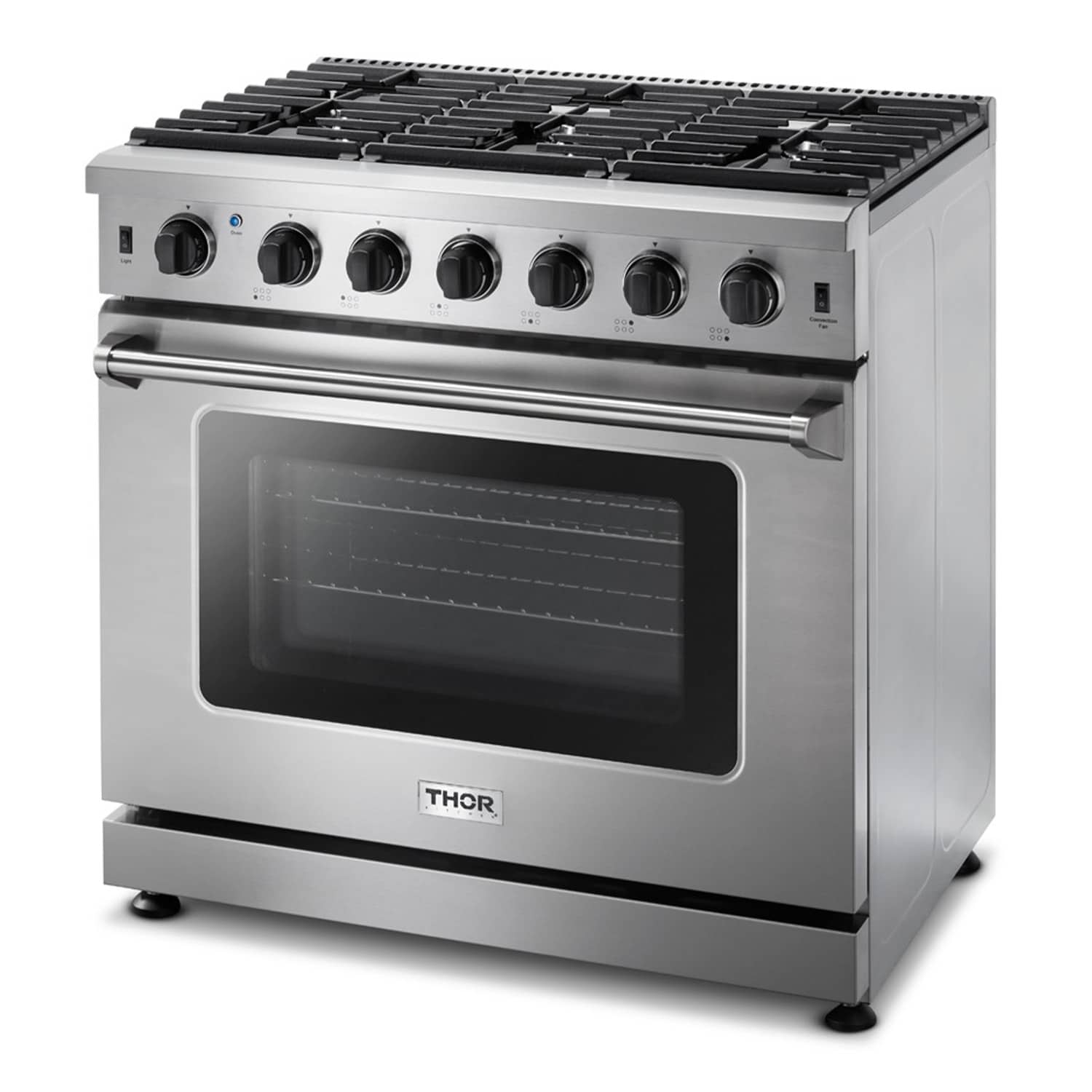 Stainless steel gas range with cooktop burners and closed oven door window