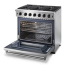 Stainless steel gas range with open oven door and wire rack interior