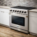 Stainless steel gas range with cooktop burners and oven window door