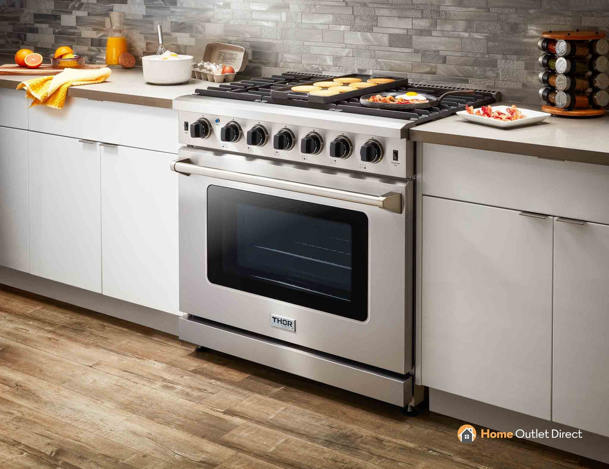 Thor Kitchen stainless gas range with multiple burners and oven door window
