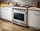 Stainless steel gas range with oven window and multiple cooktop burners