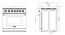 Technical dimension diagram for stainless steel gas range, front and top views