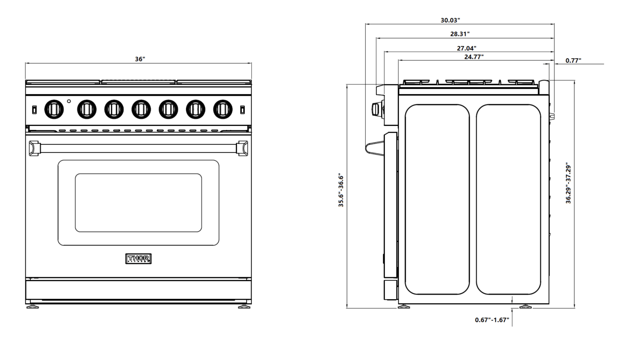 Technical dimension diagram for stainless steel gas range, front and top views