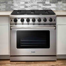 Stainless steel 36-inch gas range with front control knobs and oven door
