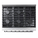 Stainless steel gas cooktop grate layout with four burners and central grates