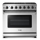Stainless steel front view gas range with six control knobs and oven window