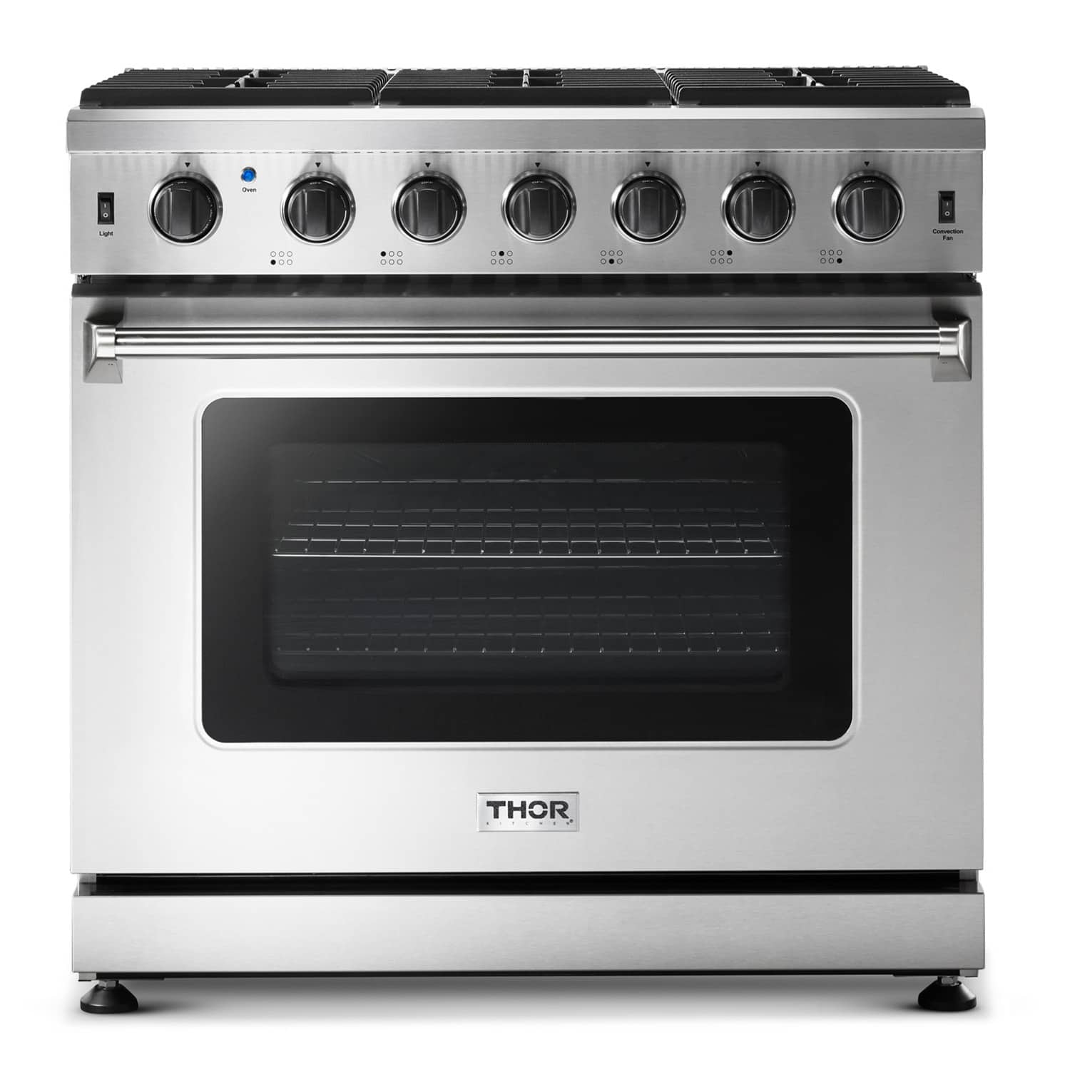 Stainless steel front view gas range with six control knobs and oven window