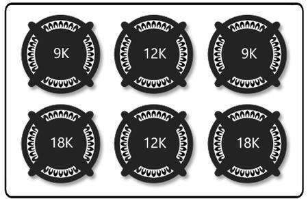 Set of six black control knob labels: 9K, 12K, 9K, 18K, 12K, 18K