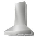 Wall-mount pyramid range hood chimney with flue duct opening in stainless steel