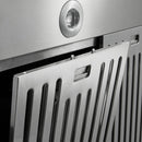 Stainless steel range hood front panel with circular light and tall vent openings