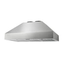 Stainless steel pyramid range hood angled view with vent intake grille