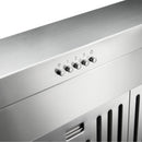Stainless steel range hood control panel with four knobs and power symbol