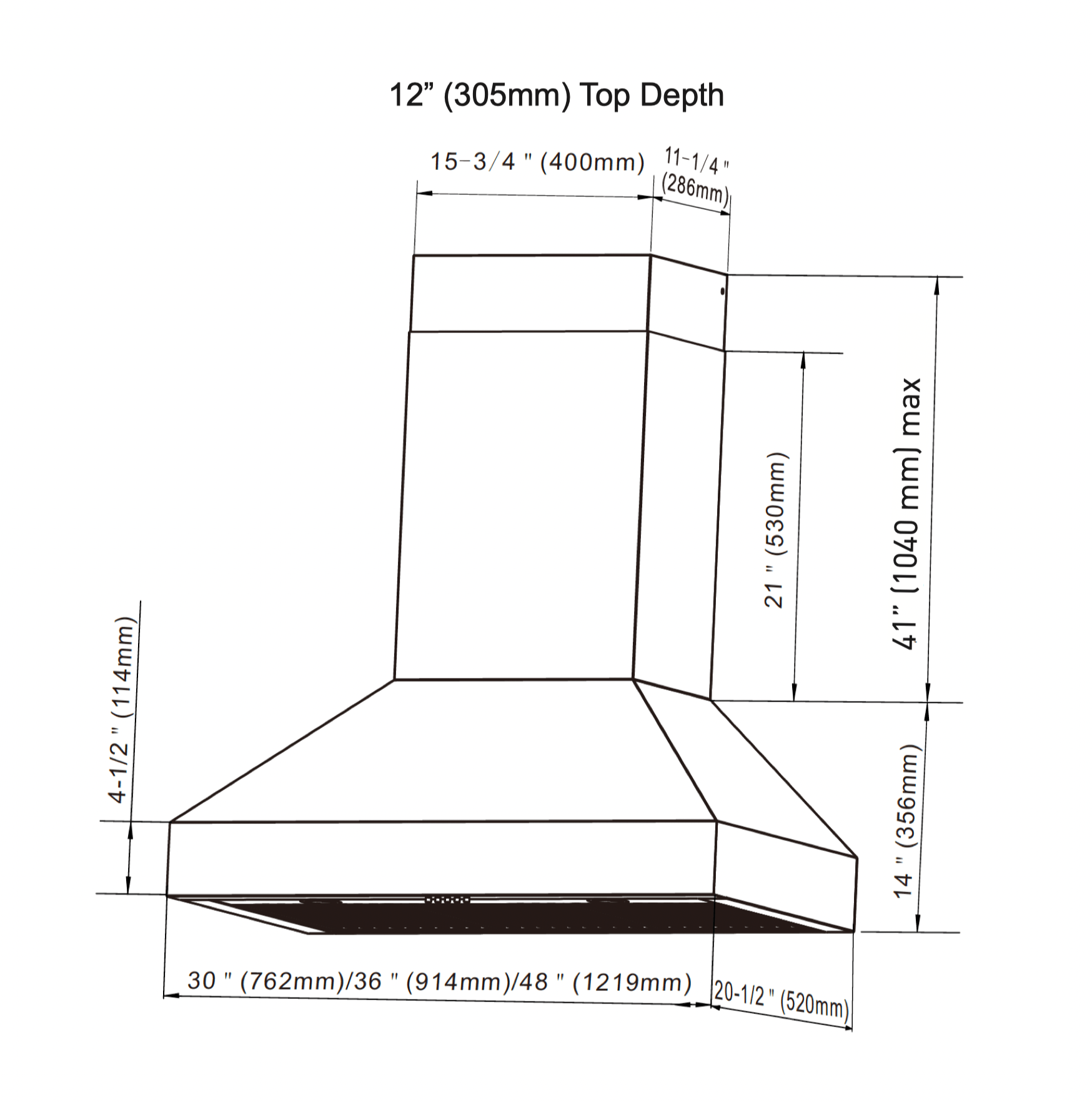 Range hood dimensions diagram with top depth and height measurements