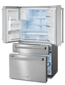 French door refrigerator interior with open freezer drawer and wire storage baskets
