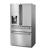 Stainless steel French door refrigerator with water dispenser and Thor logo at bottom