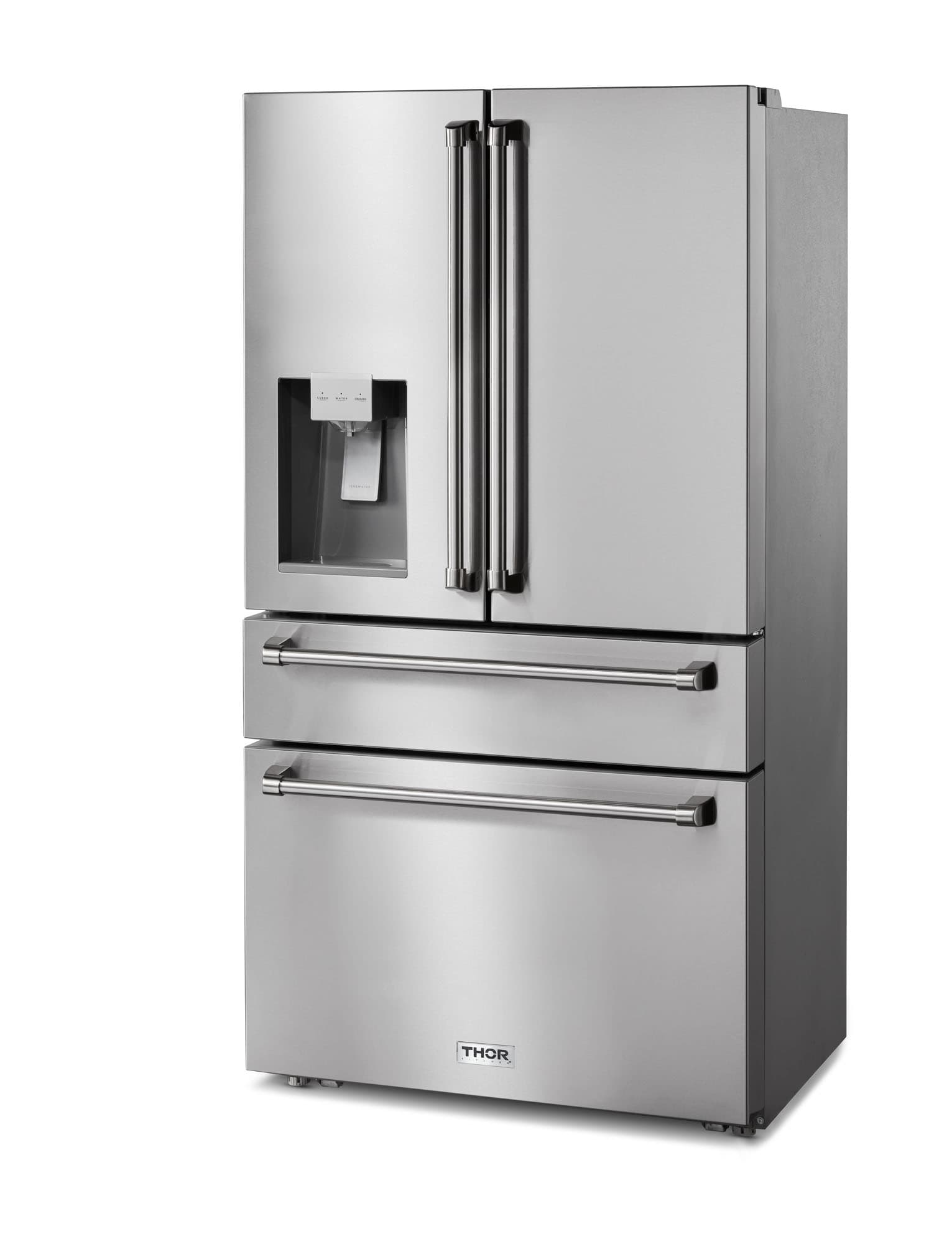 Stainless steel French door refrigerator with water dispenser and Thor logo at bottom