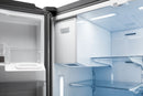 French door refrigerator interior with bright shelves, door bins, and ice dispenser area