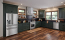 Stainless steel French door refrigerator with water dispenser in kitchen setting