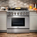 Thor Kitchen 4-Piece Pro Appliance Package - 36-Inch Dual Fuel Range with Propane Gas Cooktop , Refrigerator with Water Dispenser, Dishwasher, & Microwave Drawer in Stainless Steel