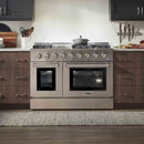 Thor Kitchen 4-Piece Pro Appliance Package - 48-Inch Dual Fuel Range with Propane Gas Cooktop , Refrigerator with Water Dispenser, Dishwasher, & Microwave Drawer in Stainless Steel