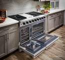 Stainless steel double oven gas range with side-by-side open ovens and front control panel