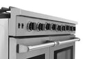 Stainless steel double oven gas range with control knobs and cooktop burner grates