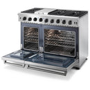 Stainless steel double oven gas range with both oven doors open and racks visible