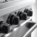 Stainless steel gas range control knobs with blue indicator accents on front panel