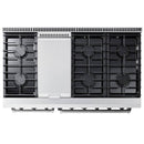 Stainless steel double oven gas range rear view with burner grates and vented surface