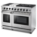 Stainless steel double oven gas range with black grates, control knobs, and two oven doors