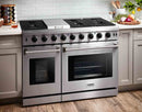 Stainless steel double oven gas range with two oven windows and control knobs