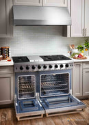 Stainless steel double oven gas range with both oven doors open and gas burners