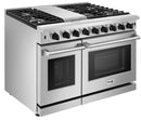 Stainless steel double oven gas range with two side oven windows and front control knobs