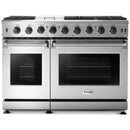 Stainless steel double oven gas range front view with two oven doors and knobs