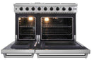Double oven gas range with both oven doors open and visible racks inside