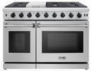 Stainless steel double oven gas range front view with two oven windows and burner knobs