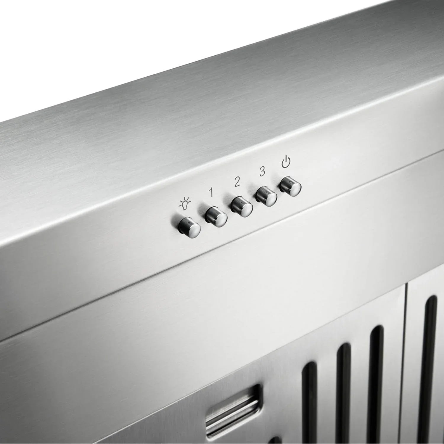 Stainless steel range hood control panel with numbered knobs and power button