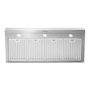 Stainless steel under-hood panel with three round lights and vented doors