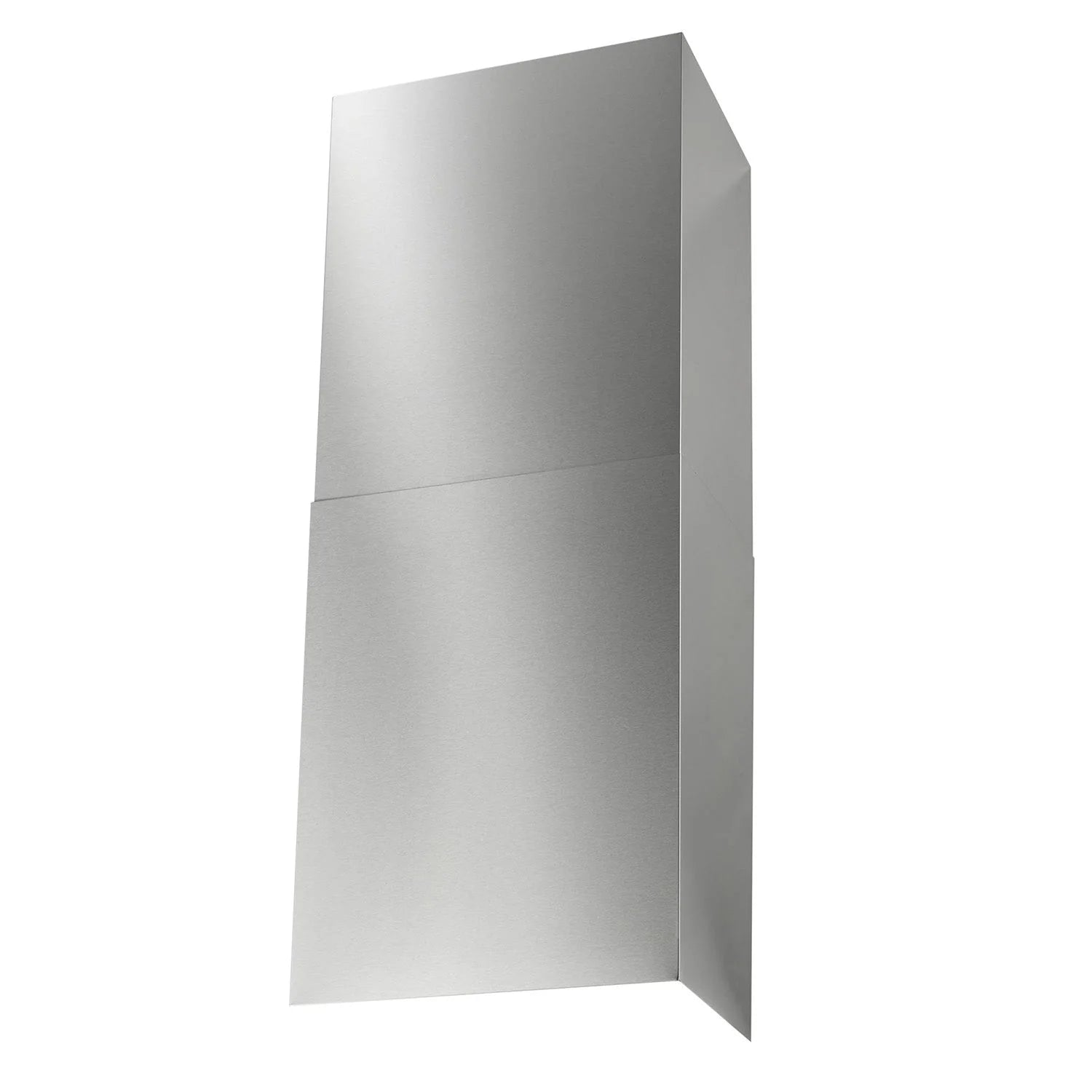Stainless steel wall mount range hood chimney cover, side view with angled edges.