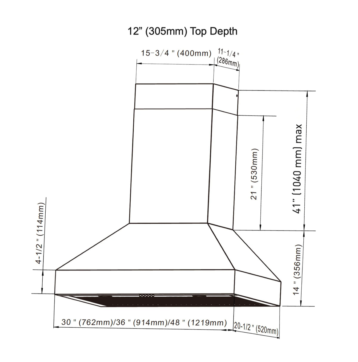Stainless steel range hood size diagram with top depth and height measurements
