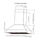 Stainless steel wall-mount pyramid range hood with chimney, front filter, size diagram