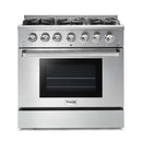 Thor Kitchen 5-Piece Pro Appliance Package - 36-Inch Propane Gas Range, Refrigerator with Water Dispenser, Wall Mount Hood, Dishwasher, & Microwave Drawer in Stainless Steel