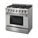 Thor Kitchen 5-Piece Pro Appliance Package - 36-Inch Propane Gas Range, Refrigerator with Water Dispenser, Pro-Style Wall Mount Hood, Dishwasher, & Microwave Drawer in Stainless Steel
