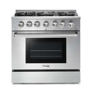 Thor Kitchen 5-Piece Pro Appliance Package - 36-Inch Propane Gas Range, Refrigerator with Water Dispenser, Wall Mount Hood, Dishwasher, & Wine Cooler in Stainless Steel