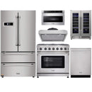 Thor Kitchen 6-Piece Appliance Package - 36-Inch Propane Gas Range, French Door Refrigerator, Under Cabinet Hood, Dishwasher, Microwave Drawer, and Wine Cooler in Stainless Steel