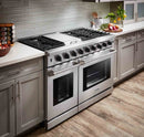 Thor Kitchen 6-Piece Appliance Package - 48-Inch Propane Gas Range, French Door Refrigerator, Pro Wall Mount Hood, Dishwasher, Microwave Drawer, and Wine Cooler in Stainless Steel
