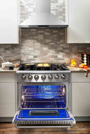 Thor Kitchen 6-Piece Pro Appliance Package - 36-Inch Dual Fuel Range with Propane Gas Cooktop , Refrigerator with Water Dispenser, Wall Mount Hood, Dishwasher, Microwave Drawer, & Wine Cooler in Stainless Steel